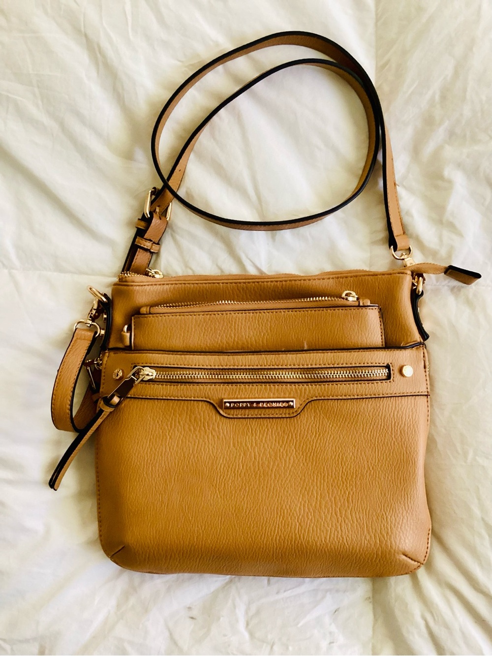Poppy & Peonies Vegan Leather Camel Crossbody Bag with Removable Pouch - Picture 3 of 8